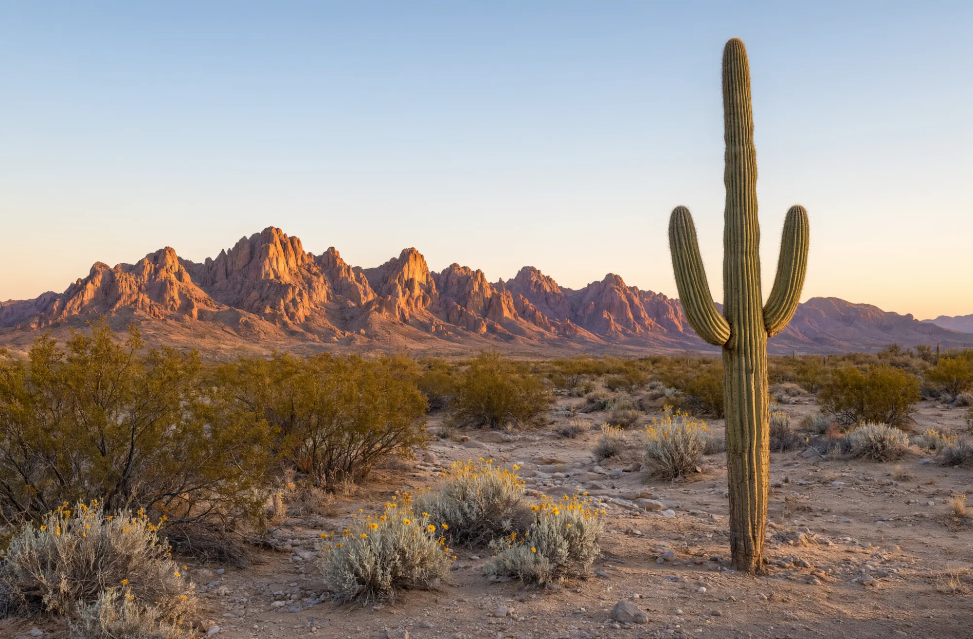 A saguaro in the Sonoran Desert east of Mesa, with the Superstition Mountains at golden hour