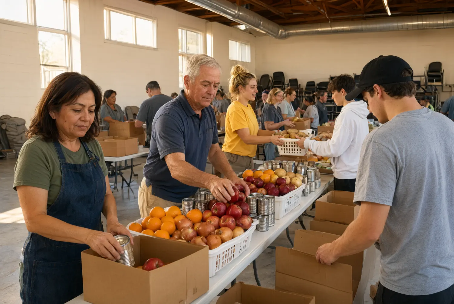 Volunteers of all ages sorting donated food into boxes in a community hall